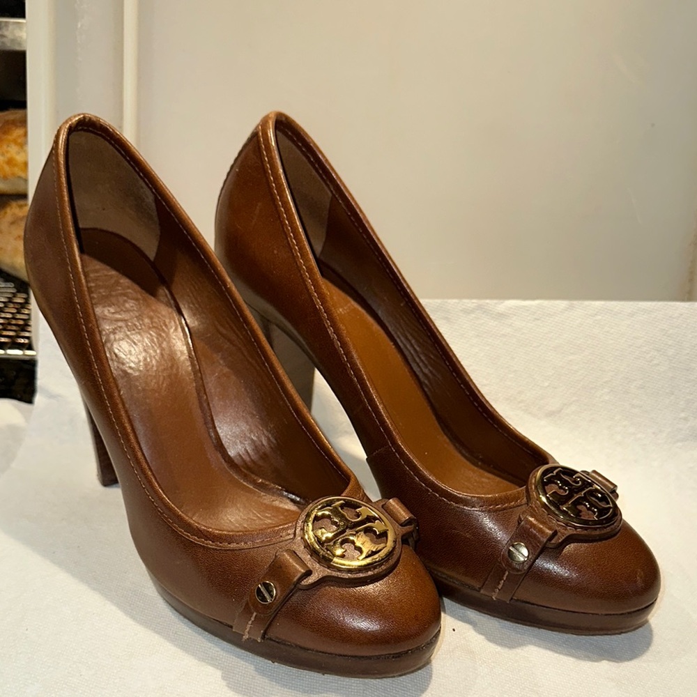 Tory Burch Women's Shoes Brown Logo Leather High heels size 8 M